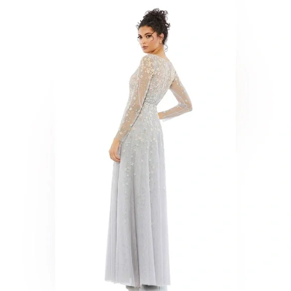 Mac Duggal size 16 Embellished Wrap Over Illusion Long Sleeve A Line Gown Gray - Picture 2 of 16